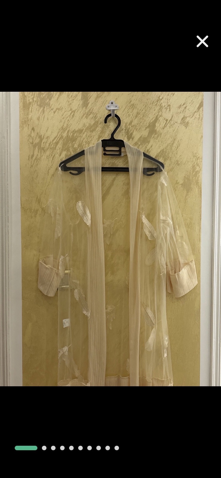 Kimono en tulle transparent beige présente des motifs de plumes délicats brodés sur toute la surface