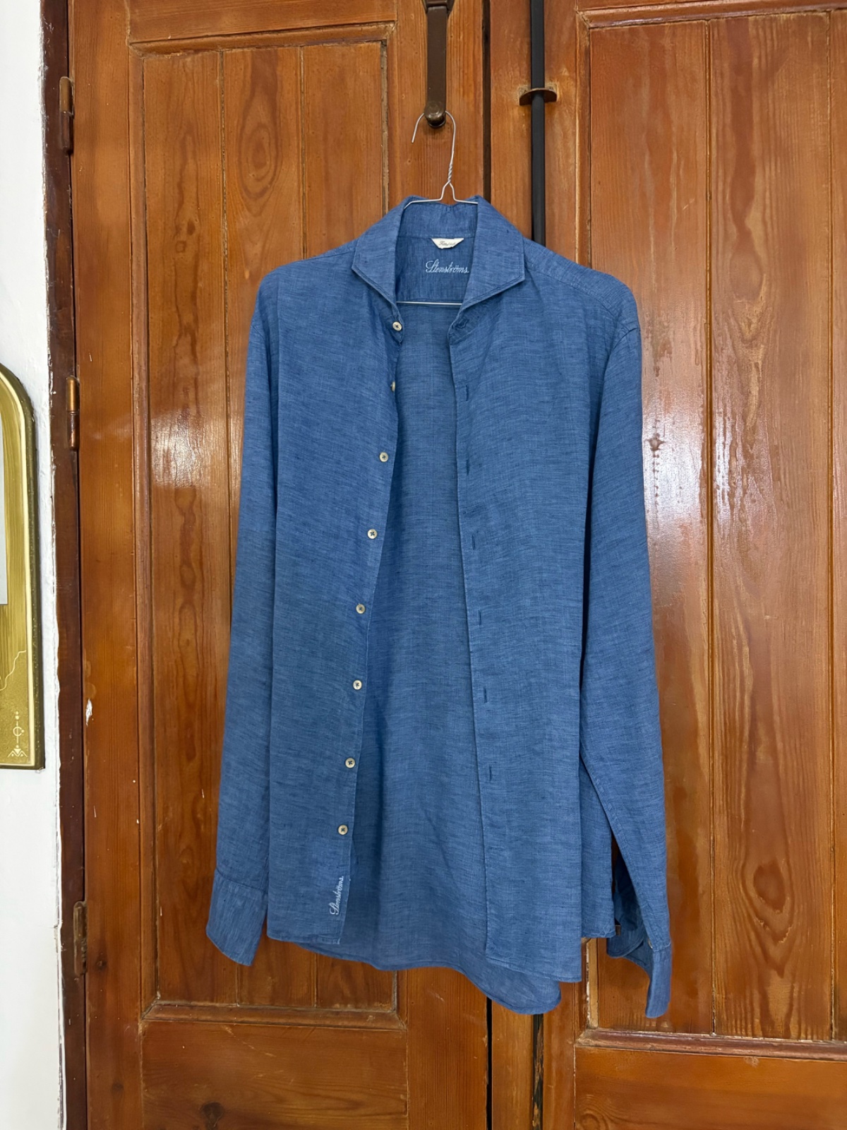 Chemise Stenströms décontractée en lin bleu à manches longues avec un col italien