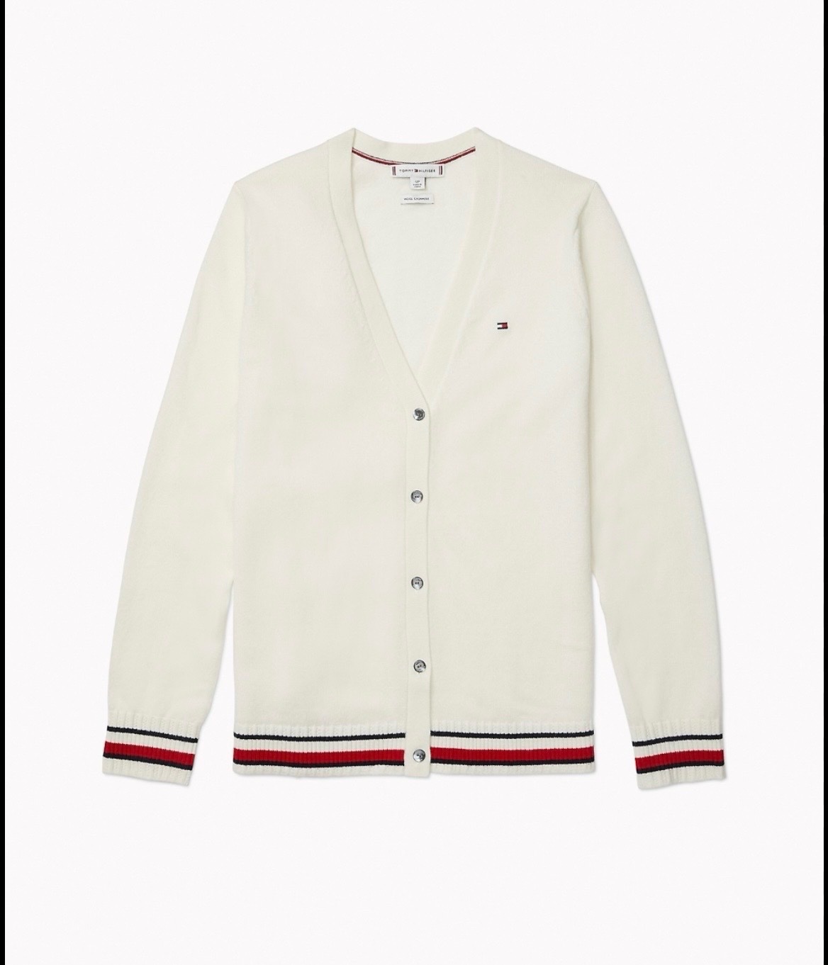 Cardigan Tommy Hilfiger blanc à manches courtes avec bordures rayées bleues, blanches et rouges