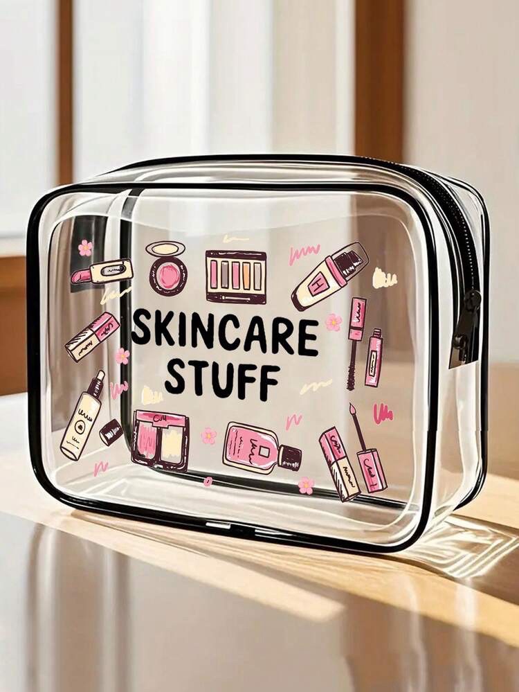 Trousse de toilette transparente en PVC est décorée de l'inscription « Skincare Stuff » et de charmantes illustrations de produits de beauté roses