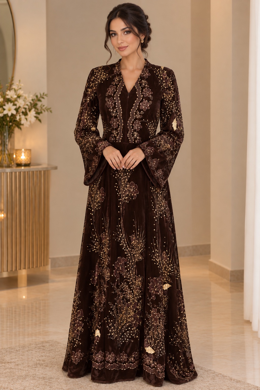 Robe 3al velour 5fif brodé bel doré 