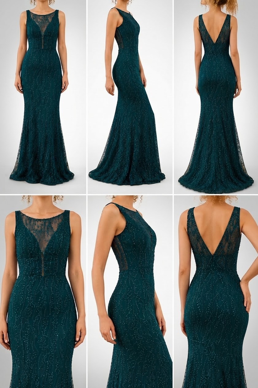 Robe de soirée longue vert émeraude, perlée, coupe sirène