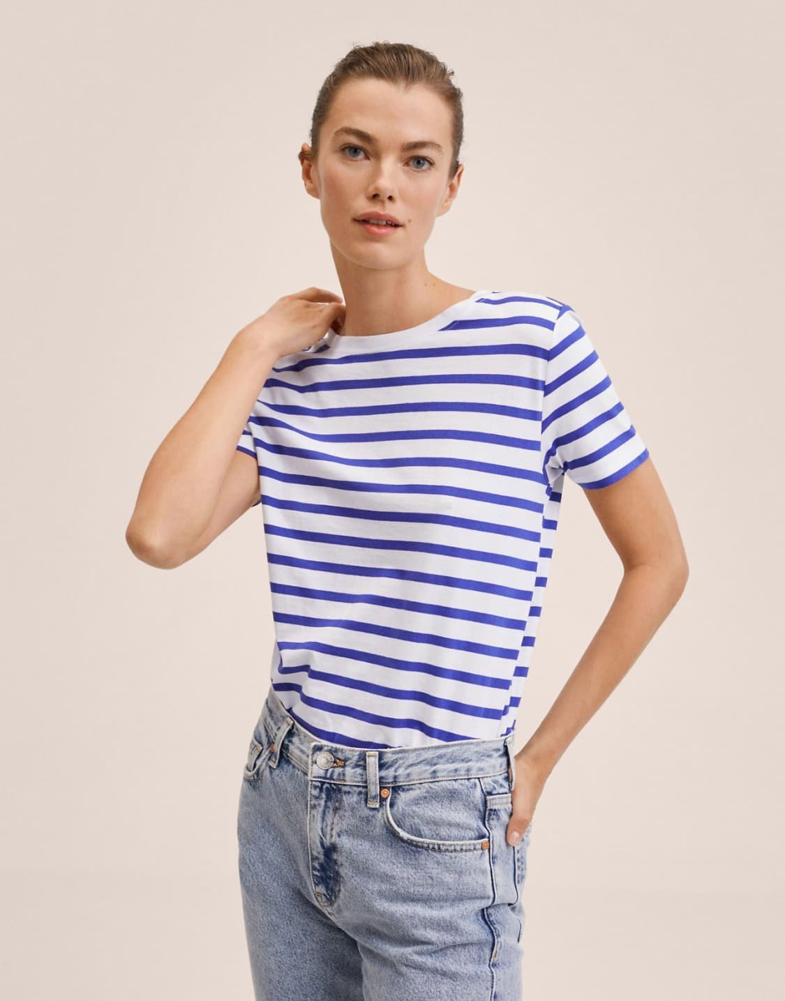 Pull rayé blanc et bleu Mango