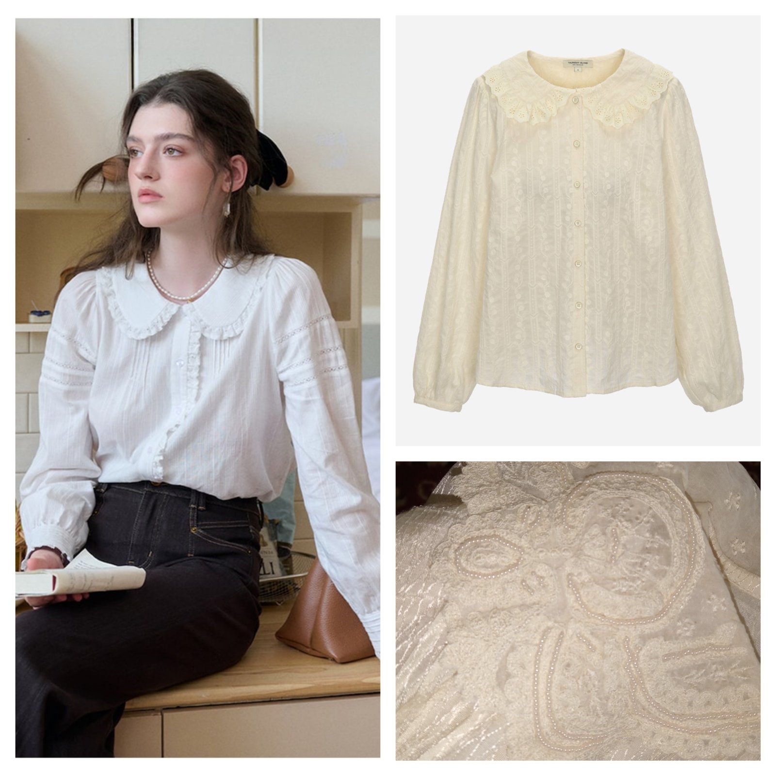 Chemise crème vintage style col Claudine brodé m,l