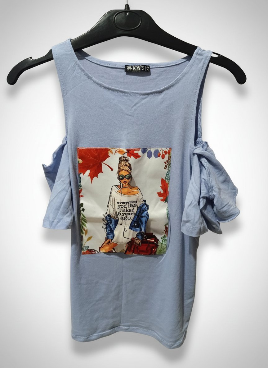 T-shirt bleu ciel à épaules dénudées avec un motif en 3D