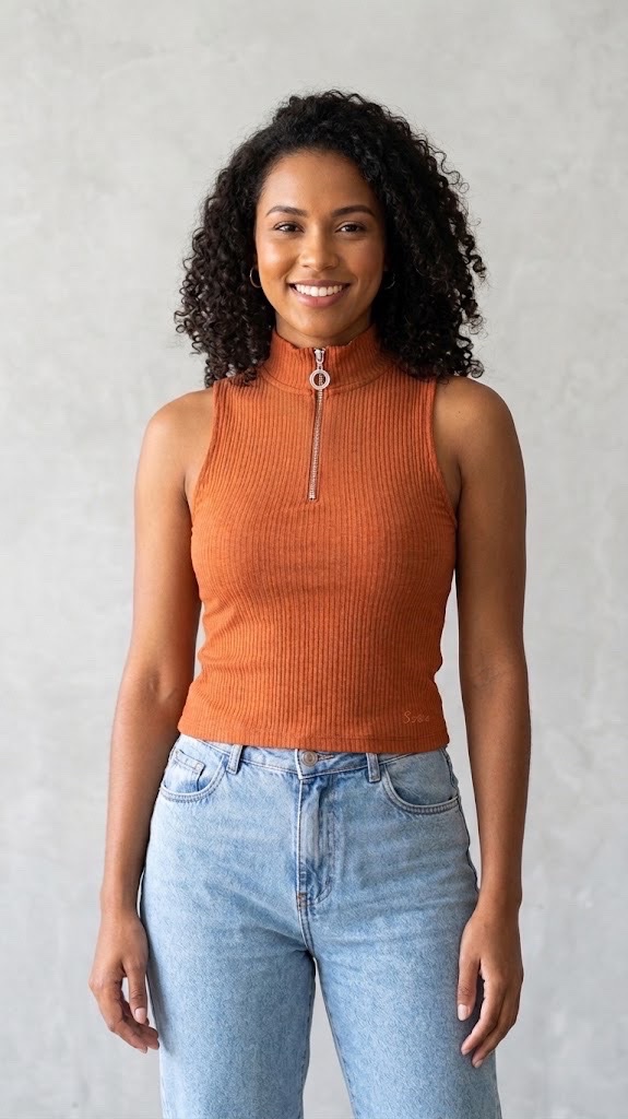 Top côtelé col zip - Terracotta taiile S/M
