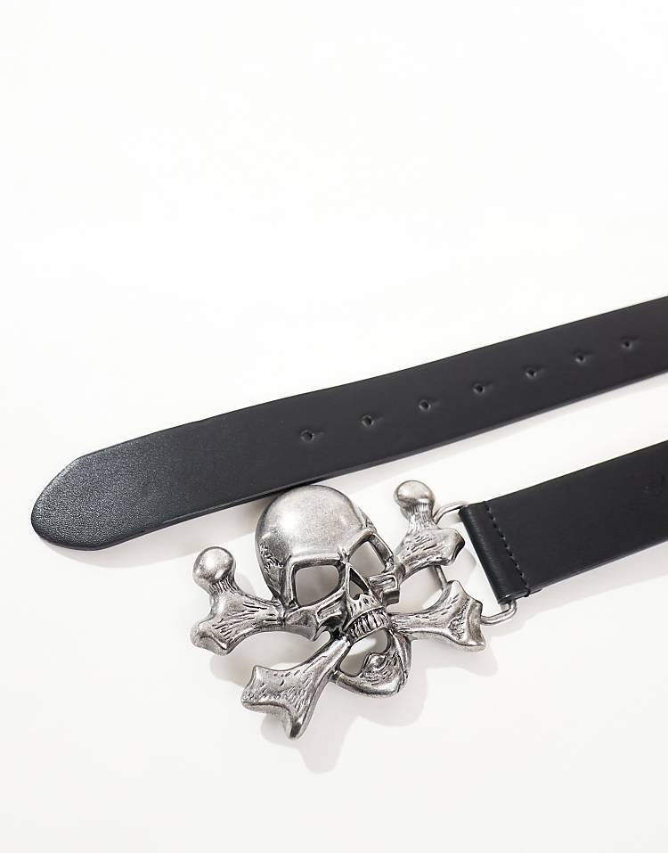 ASOS DESIGN - Ceinture cuir avec boucle tête de mort gris acier - Noir - L/XL 