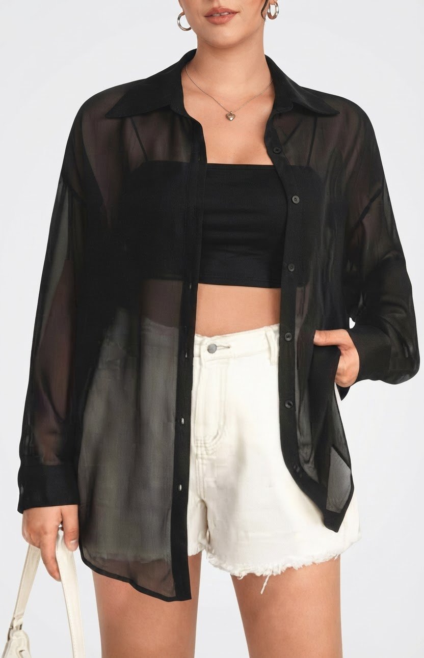 SHEIN Chemise noire transparente, Femme - Taille S (coupe ample, convient également à un M)