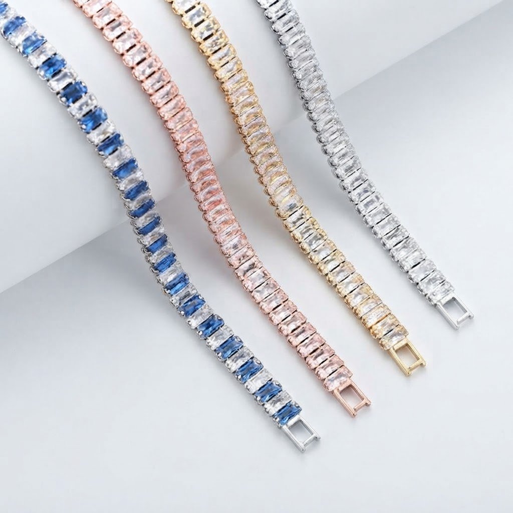 Bracelet tennis rectangulaire bleu et blanc avec zircon