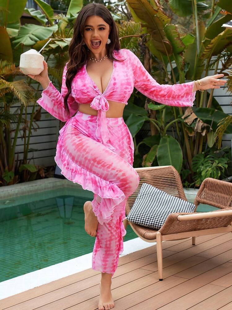 Swim Lushoire Plus Size 4pcs Bikini Set: Allover Print Halter Top + Triangle Bottom + Front Tie Long Sleeve Kimono Cover Up + Long Pants,Summer Beach