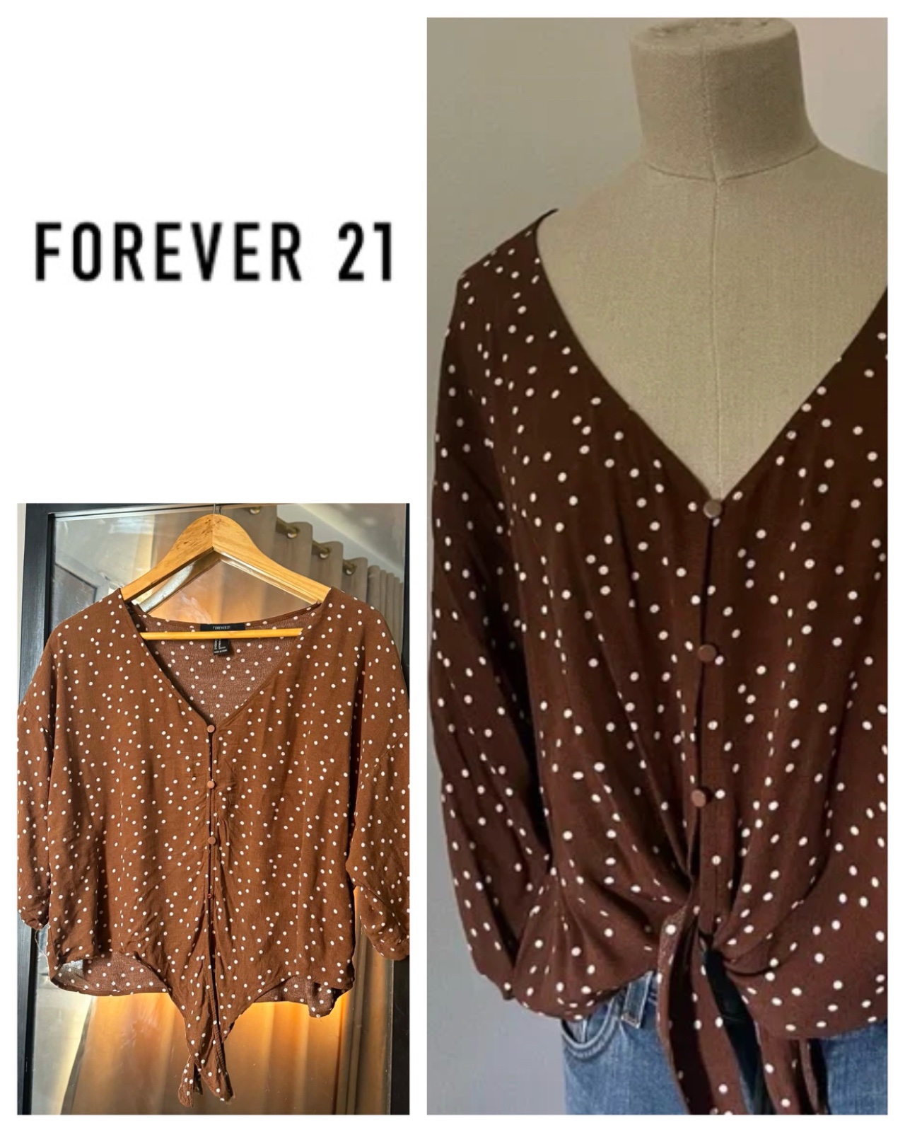FOREVER 21 Polka Dot Blouse, size M nb il manque un bouton en bas cest vraiment inapparent