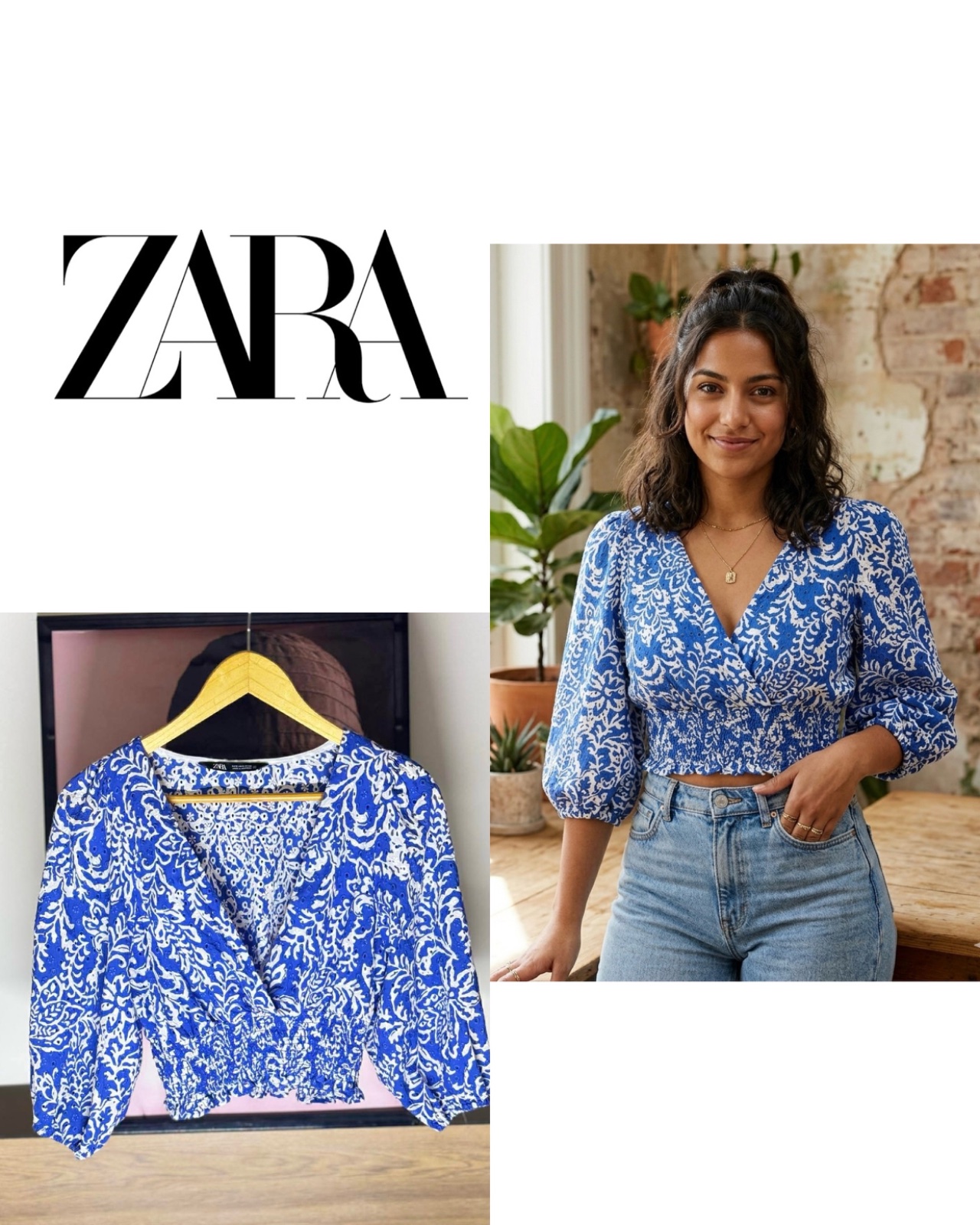 Zara Vibrant Blue and White Floral Blouse