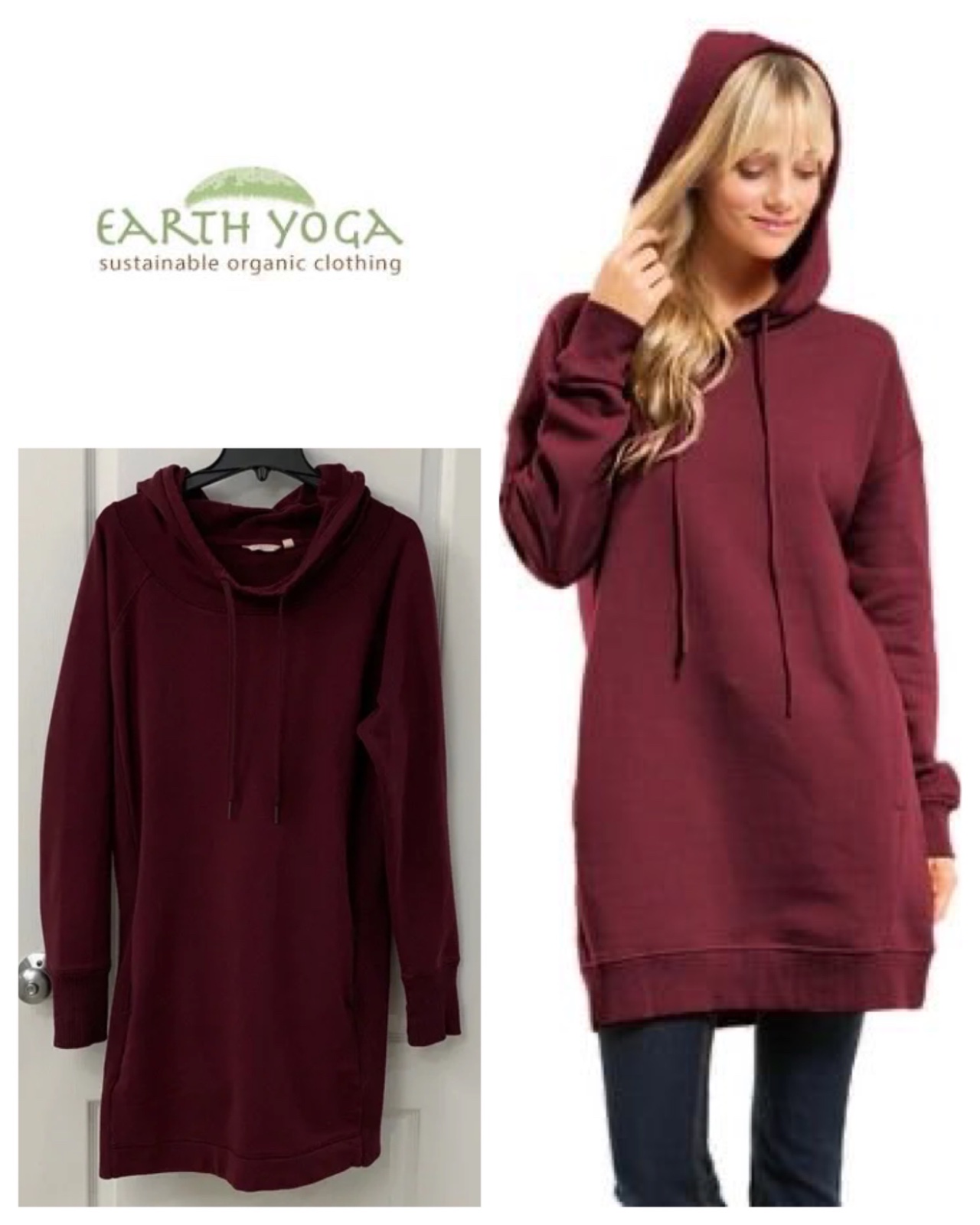 Earth Yoga Burgundy Hoodie Sweatshirt Dress Tunic S