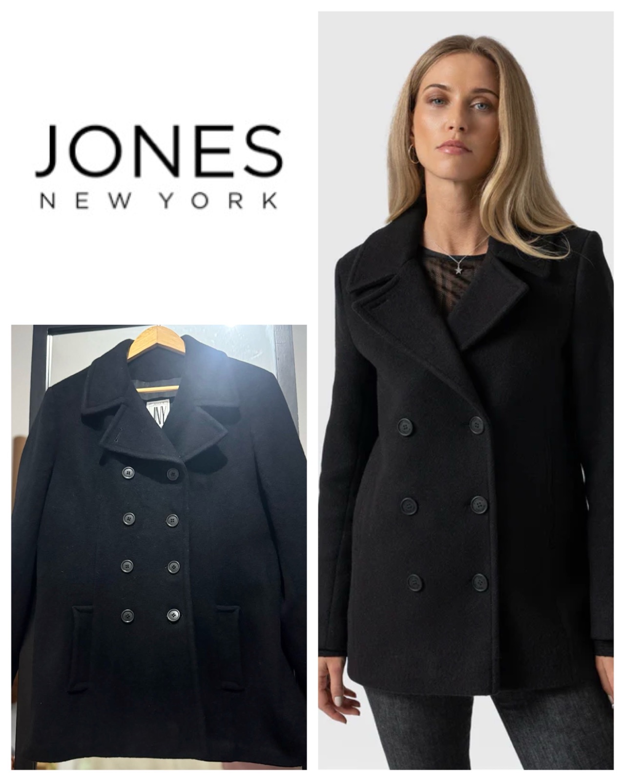 Vintage JNY Jones New York 100% Pure Wool Double Breasted Pea Coat Women’s Sz M