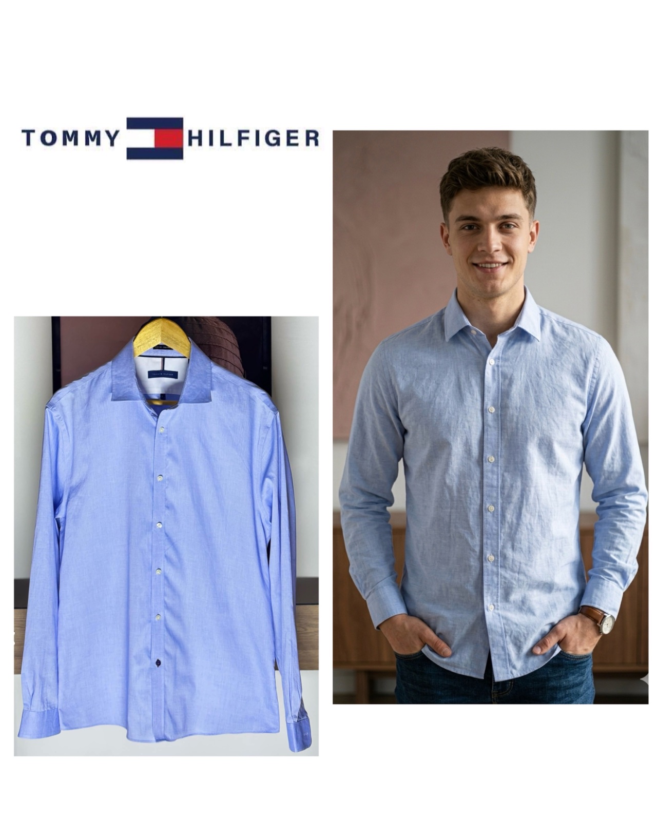 Tommy Hilfiger Mens Cotton  Button Up Light Blue Shirt