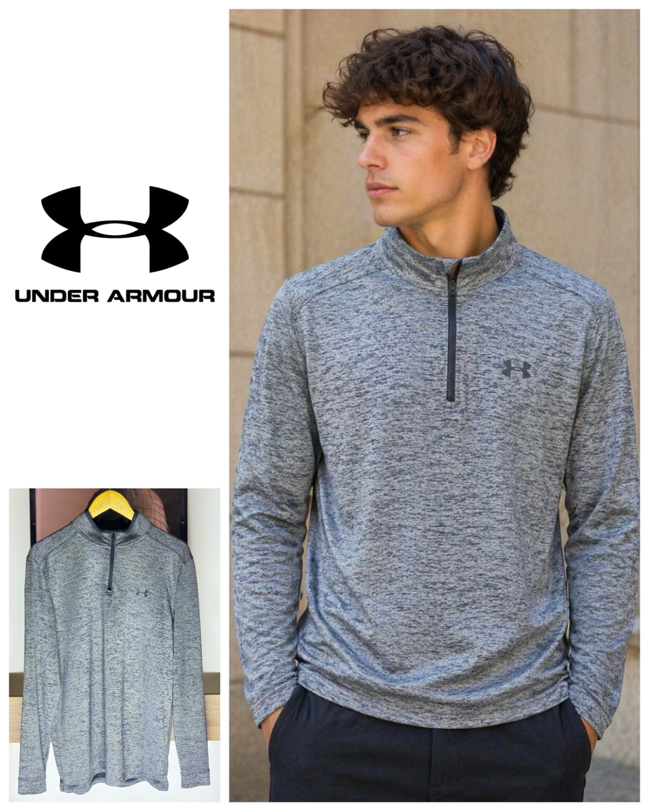 Men’s Large Long Sleeve Pullover Quarter Zip Training Sweatshirt Gray