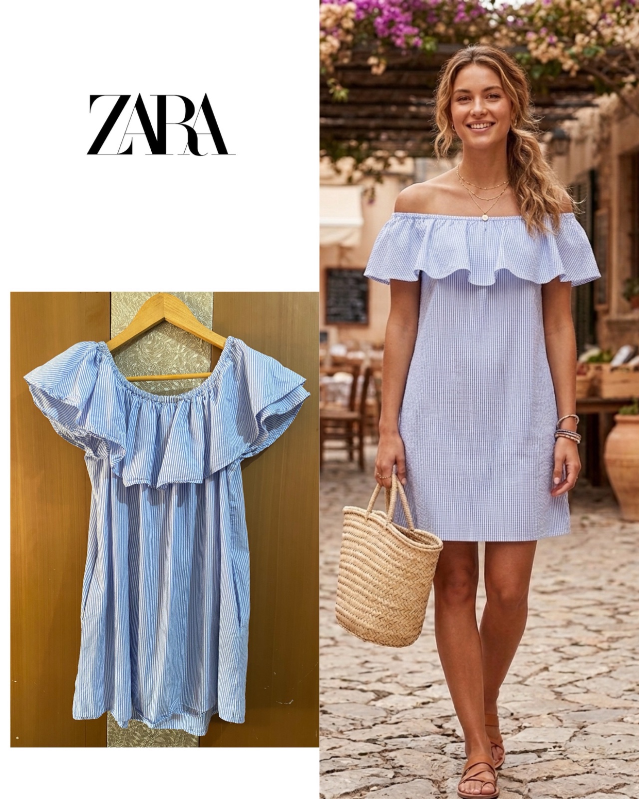 Zara off shoulder dress baby blue and white vertical stripes size medium 100% cotton