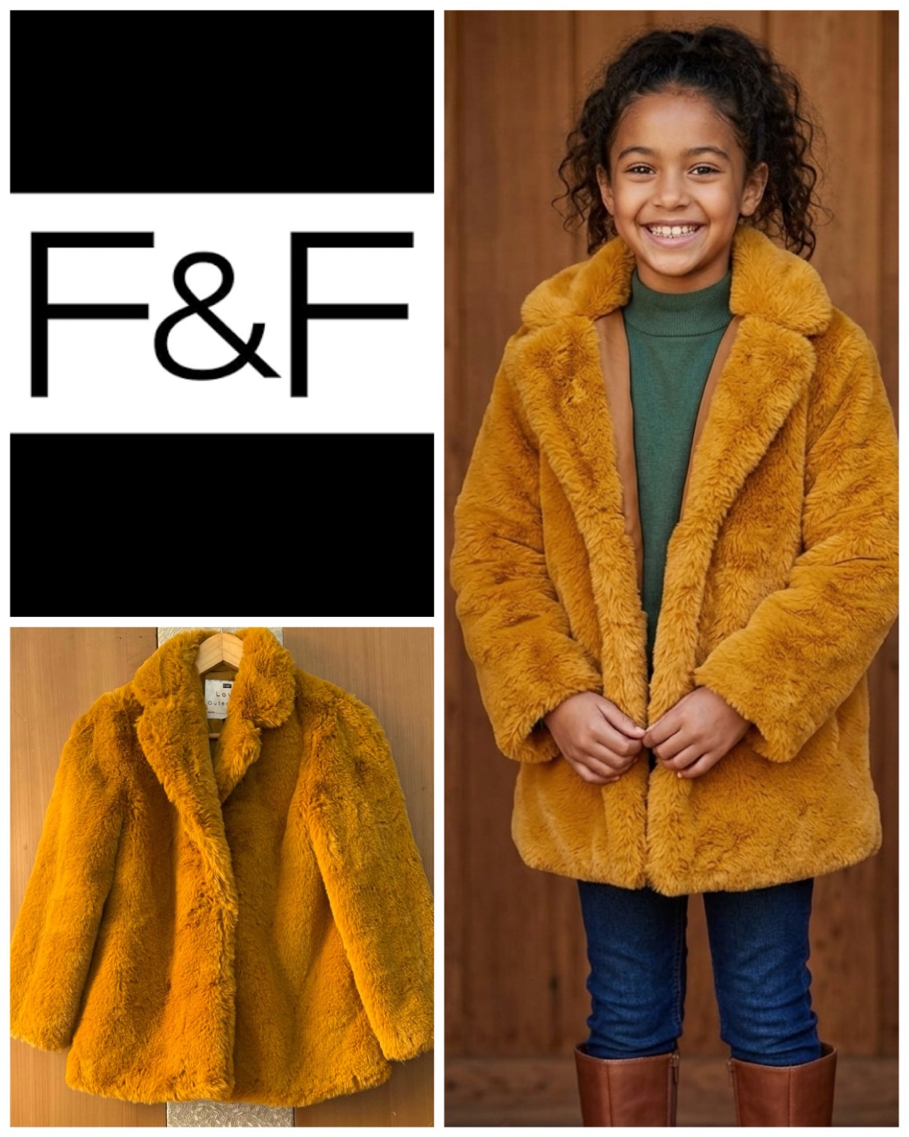 Kids F&F Mustard Faux Fur Coat 9-10 years