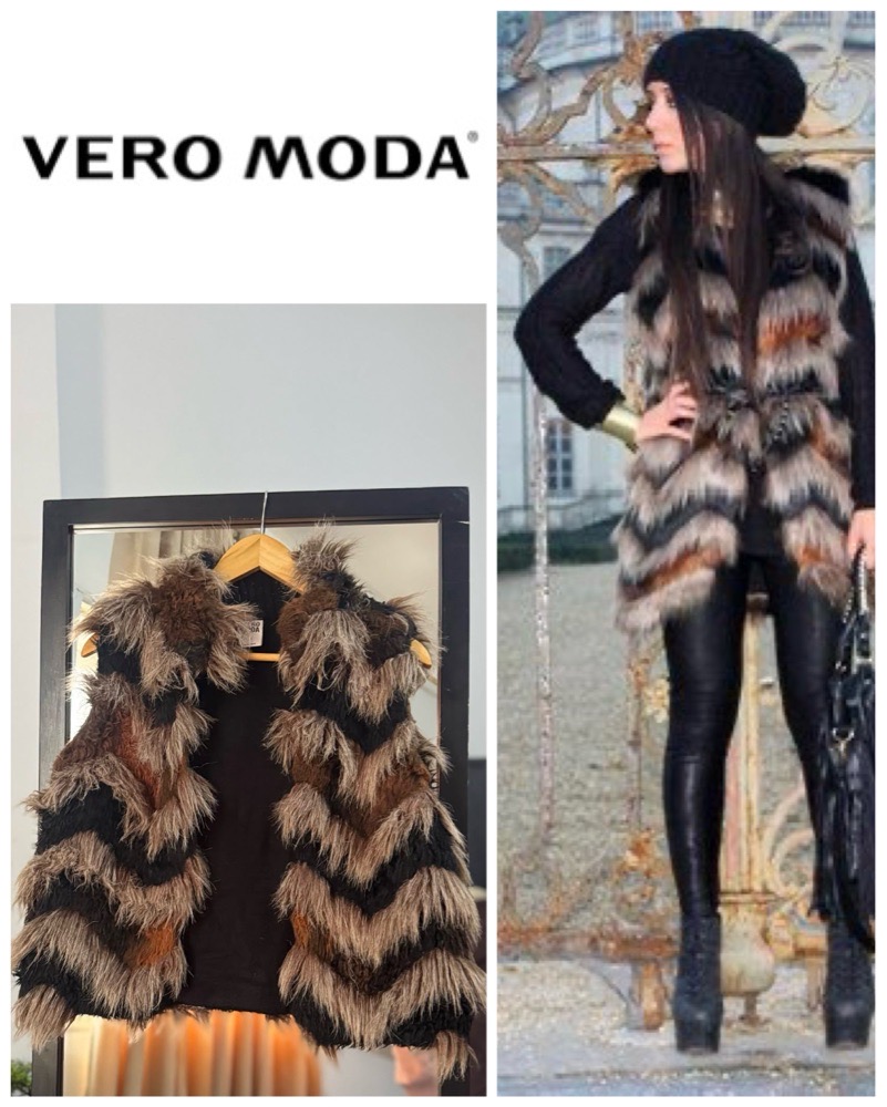 Vero Moda Faux Fur Chevron Vest - Brown and Black