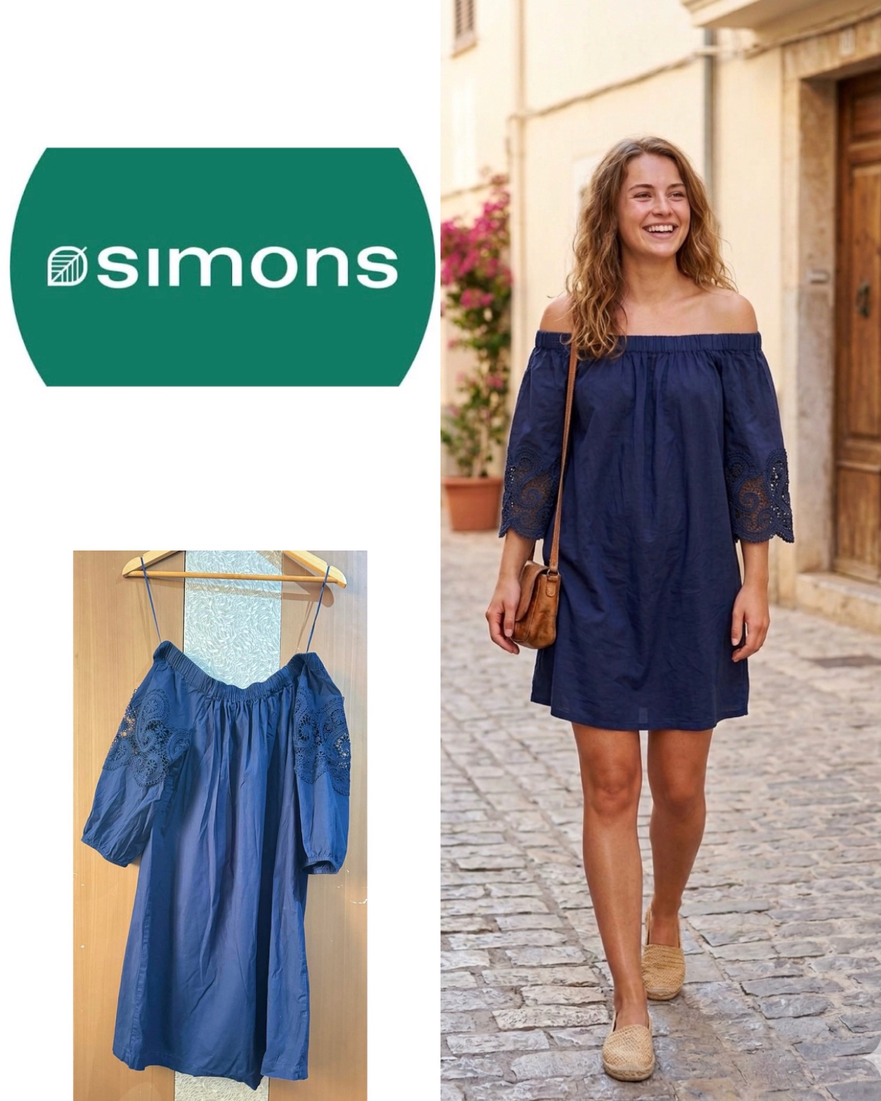 Contemporaine exclusivité simons bleu marine brodé à épaules dénudées