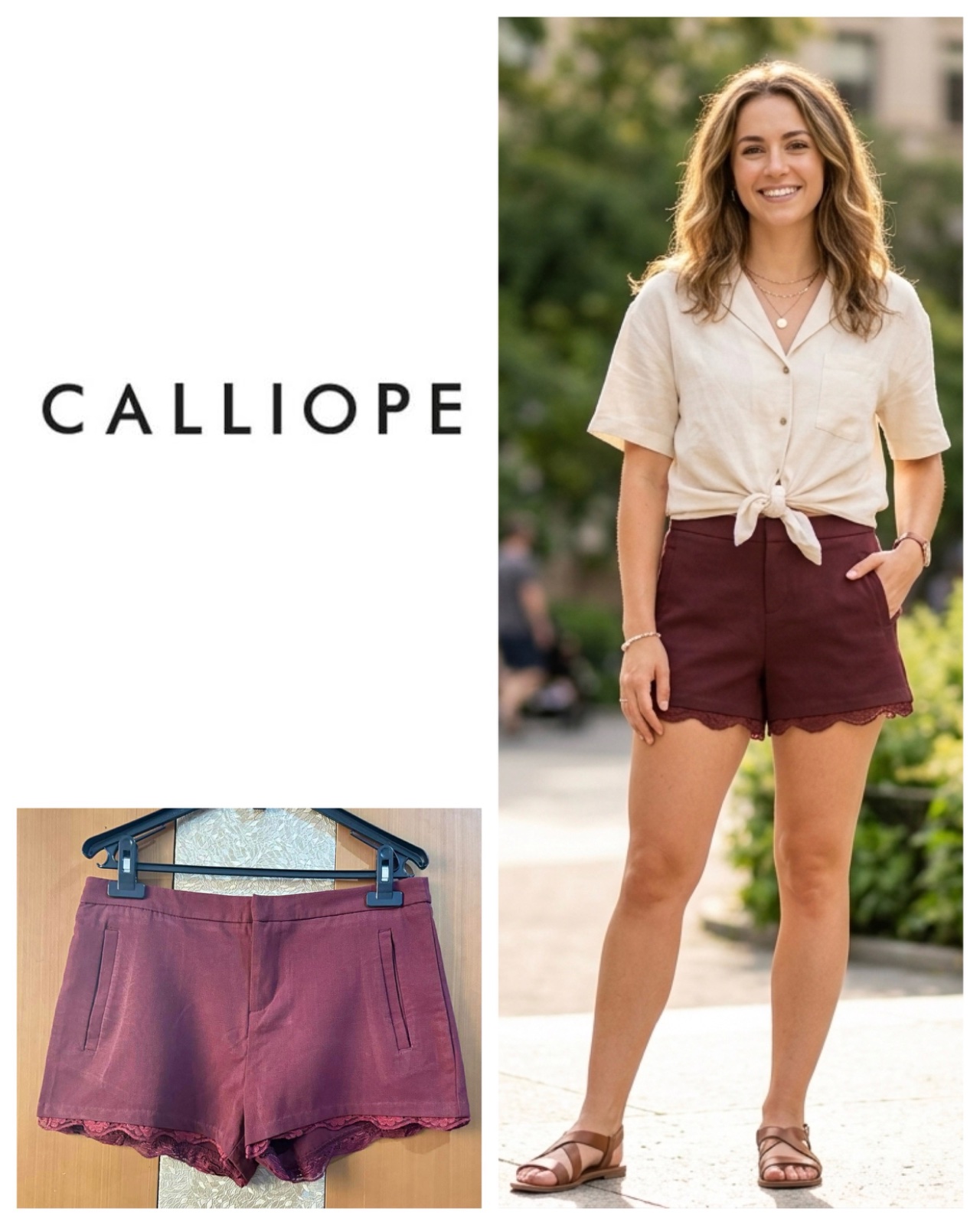 Calliope Cranberry High Waisted Shorts with Crochet Knit Lace Hem & Pockets Sz M