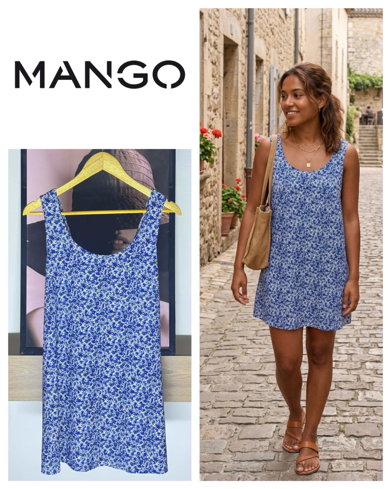 Mango Robe débardeur femme bleue à fleurs sans manches décontractée