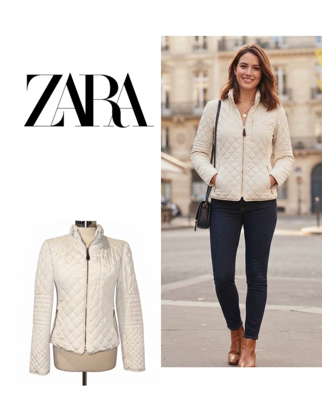 Zara Women's Cream Quilted Puffer Jacket