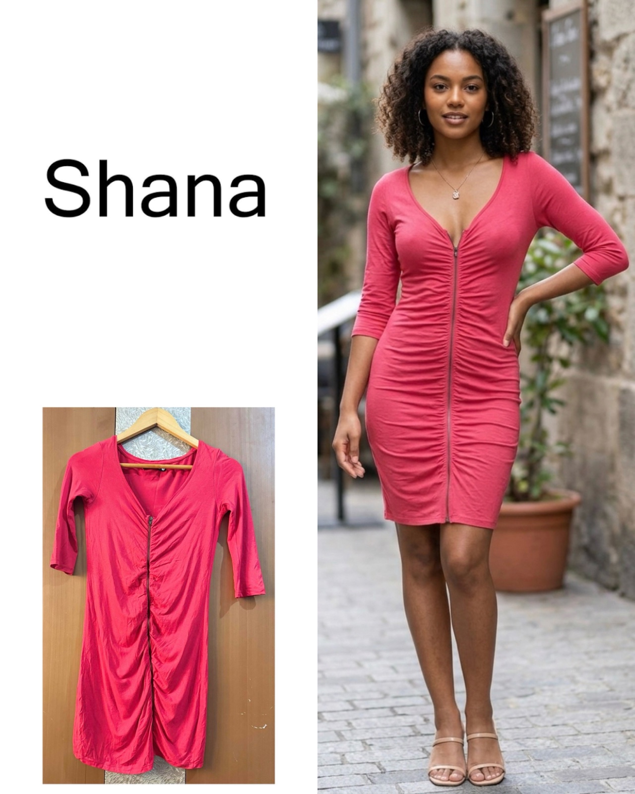 Shana Robe mini froncée rouge vermillon à manches Trois quart