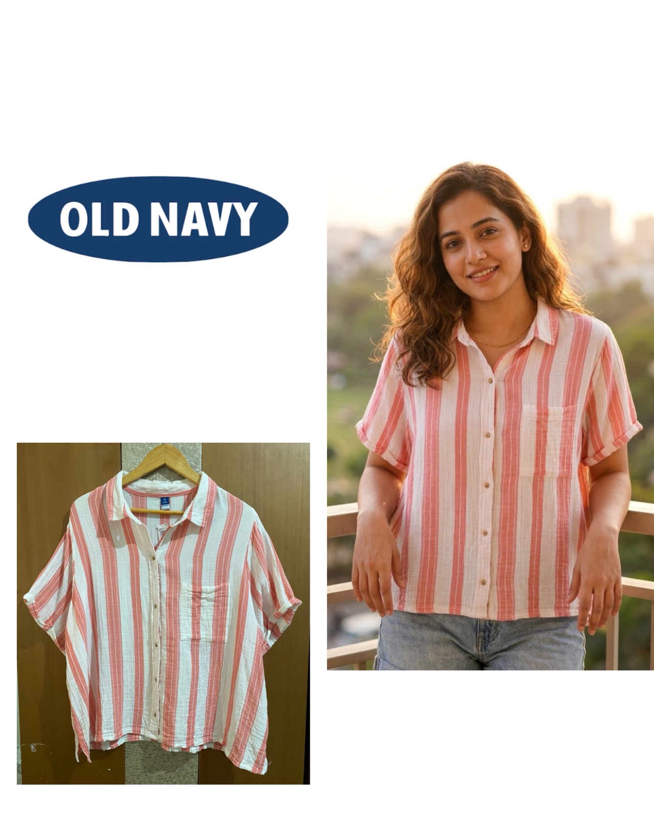 Old Navy Coral and White Relaxed Striped Button Down Shirt
