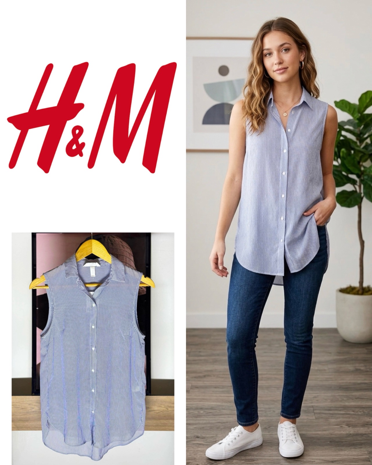H&M Top Women's Sleeveless Striped Button Front Semi Sheer Summer Nautical