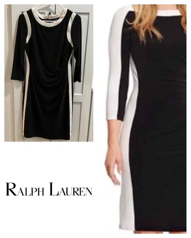 Lauren Ralph Lauren Women's Black And White Polyester Long Sleeve Lined Dress