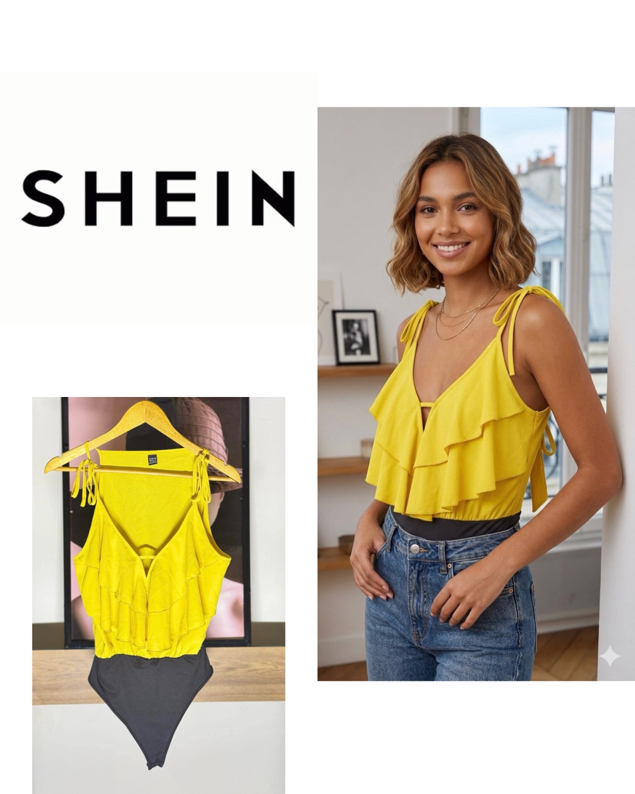 Shein débardeur jaune et noir à volants une pièce