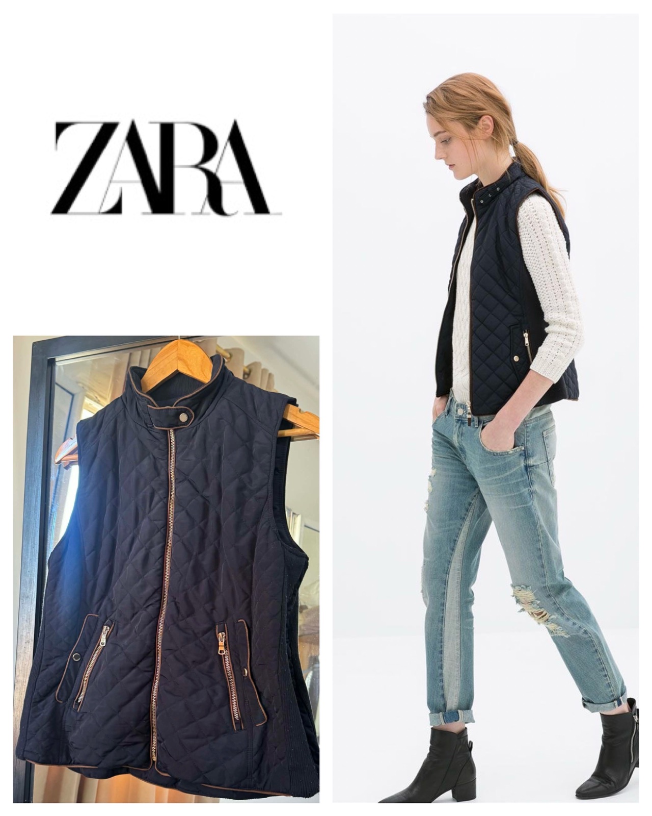 Zara Navy Quilted Vest with Gold Accents
