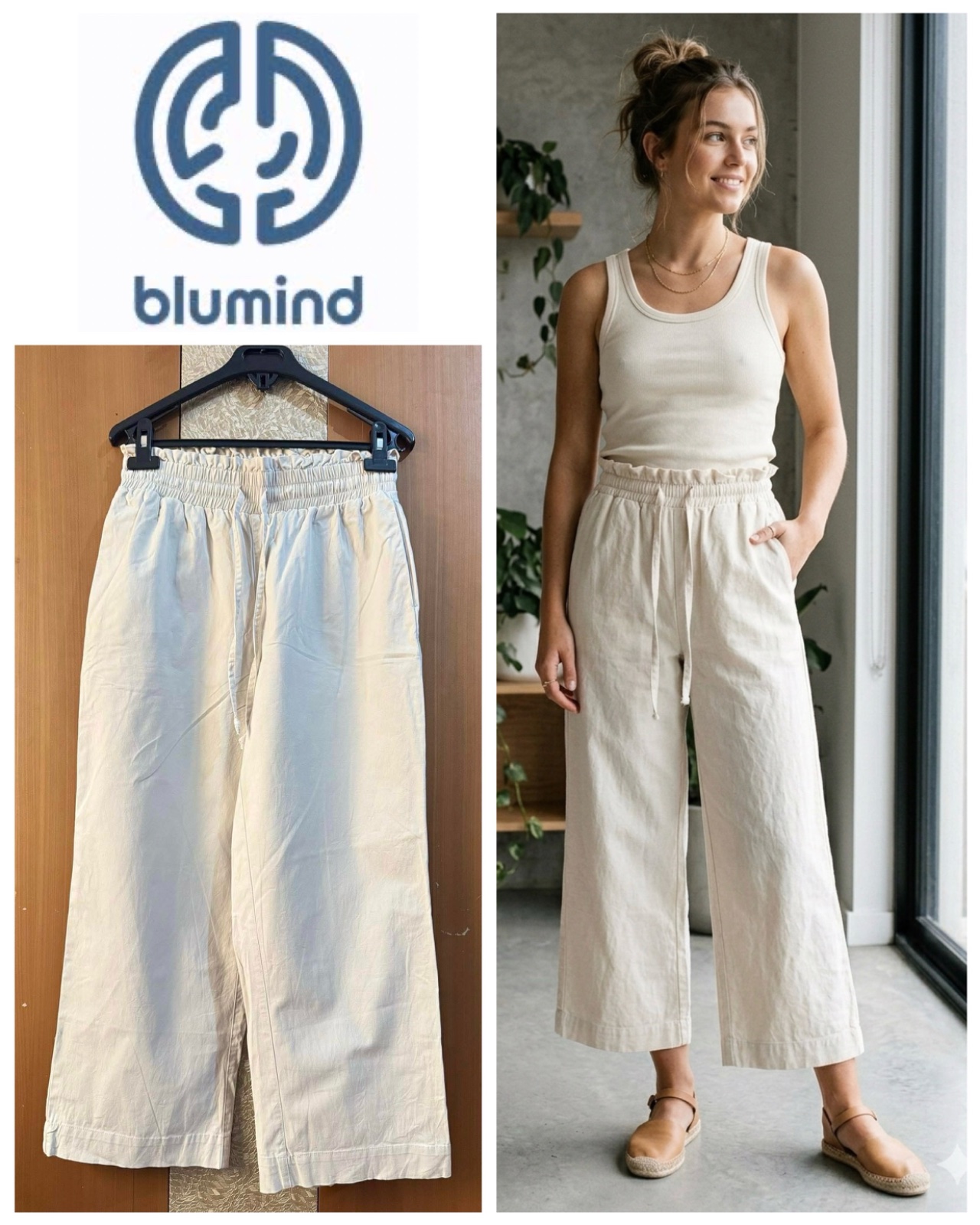 Blumind Pantalon large creme pour femme, coupe courte minimaliste style bohème plage, idéal pour la plage