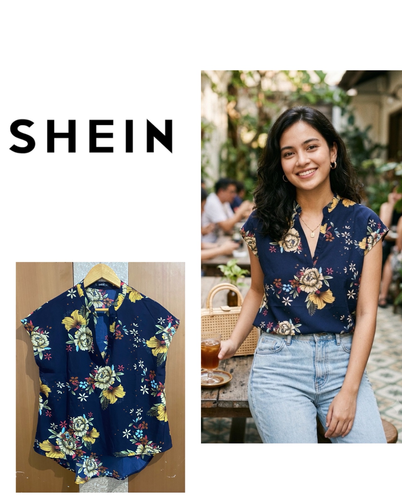 SHEIN Navy Floral Short-Sleeve Tie-Sleeve Blouse