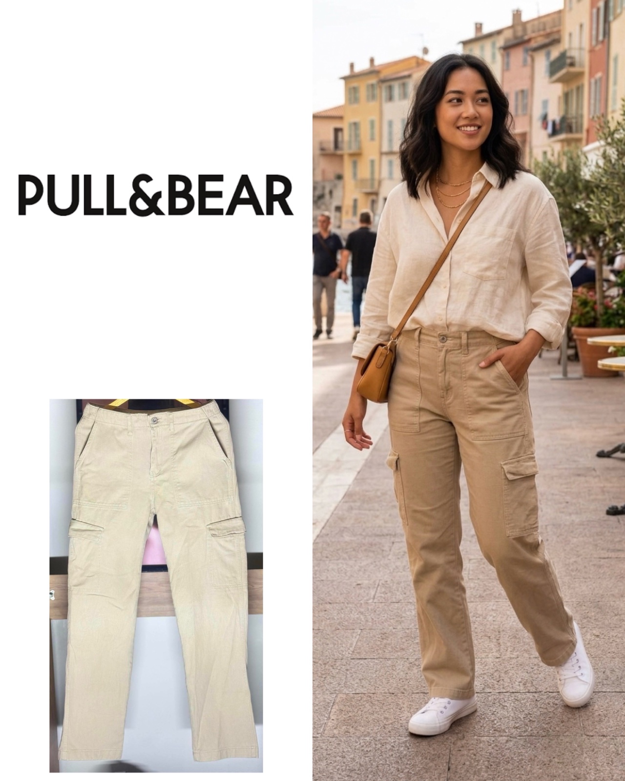 Pull and bear Straight Cargo Pants Womens Size 38 Khaki High Rise Casual Pockets