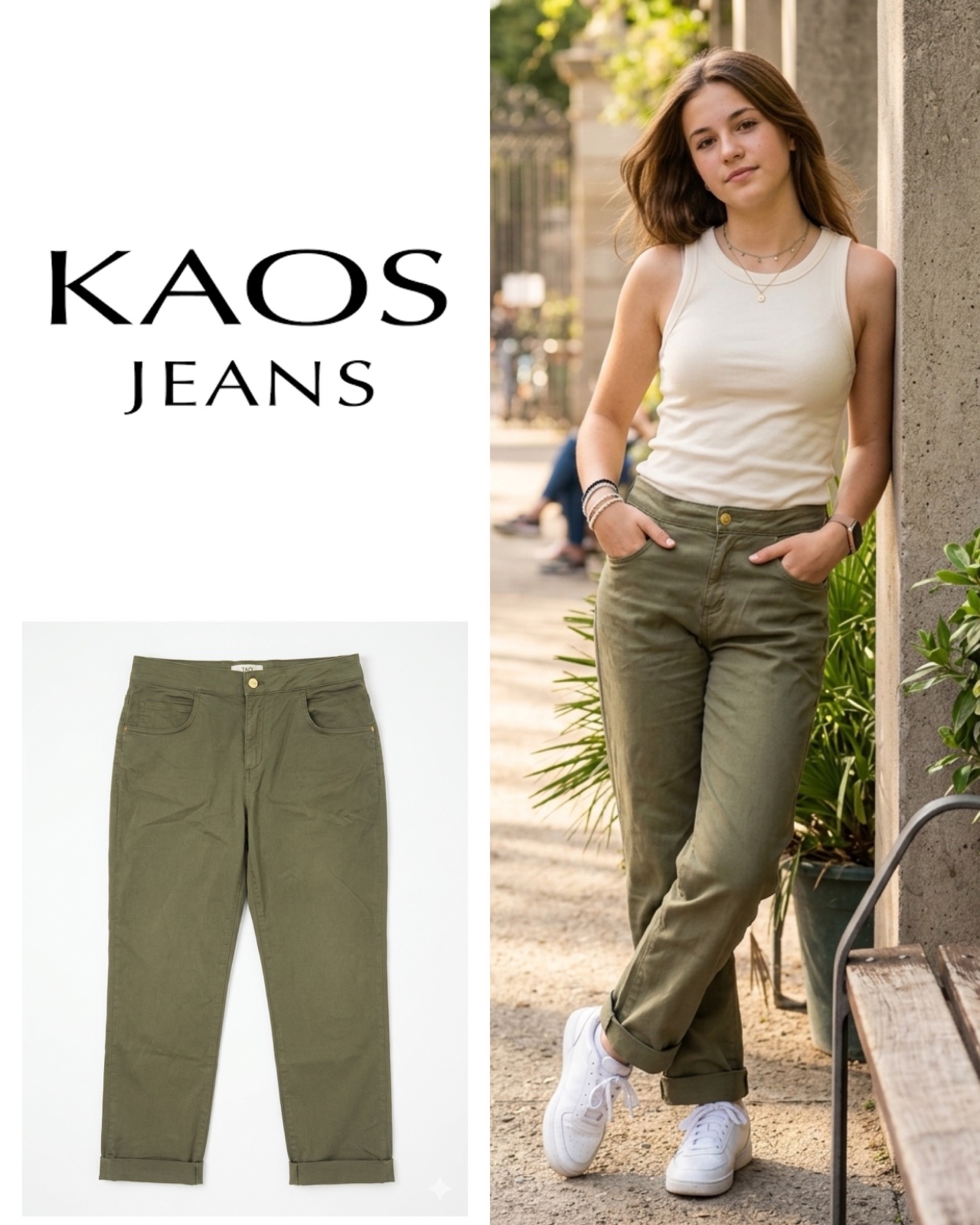 Kaos Girlfriend Khaki Pants Womens 36 Green Cotton Stretch