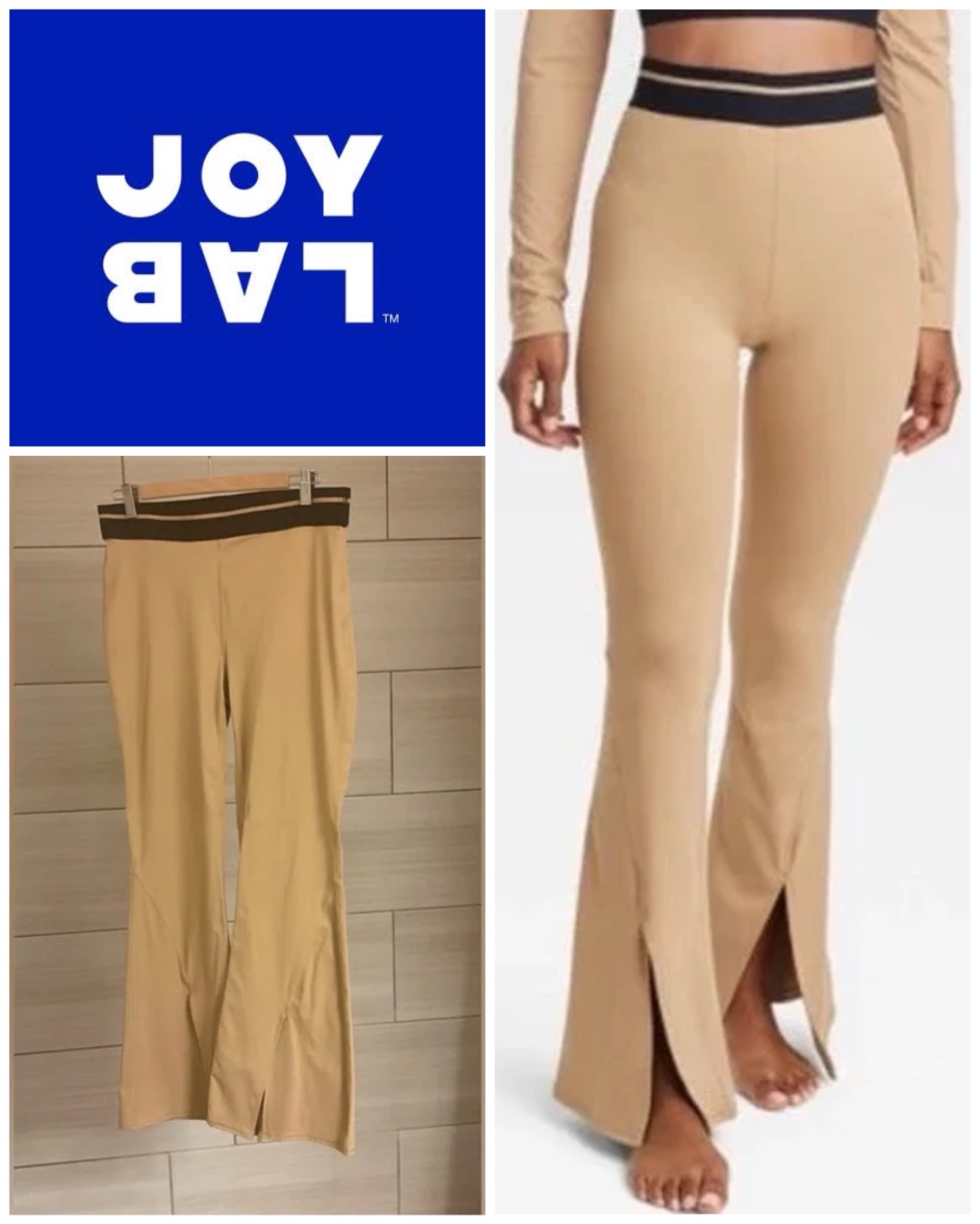 Leggings Joy Lab taille haute fendus et évasés, couleur beige et noir, taille L femme