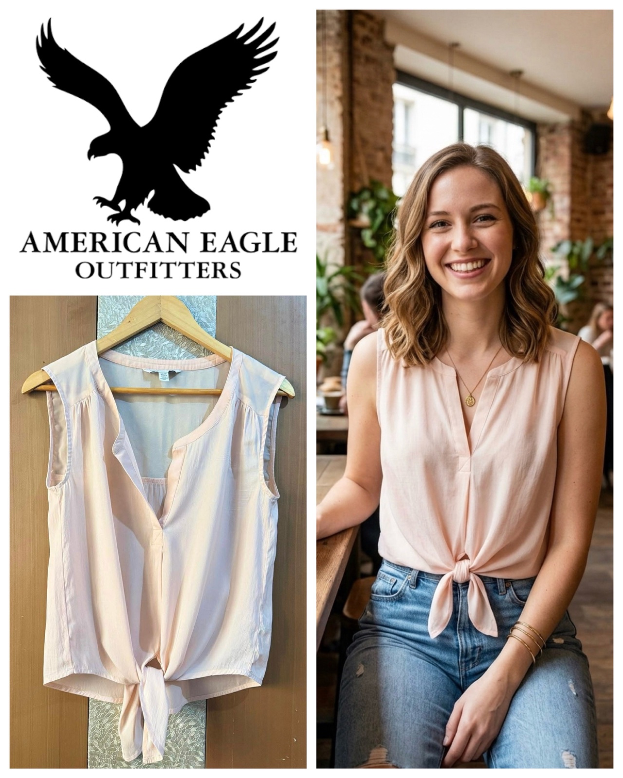 American Eagle Pale Pink Tie Front Blouse