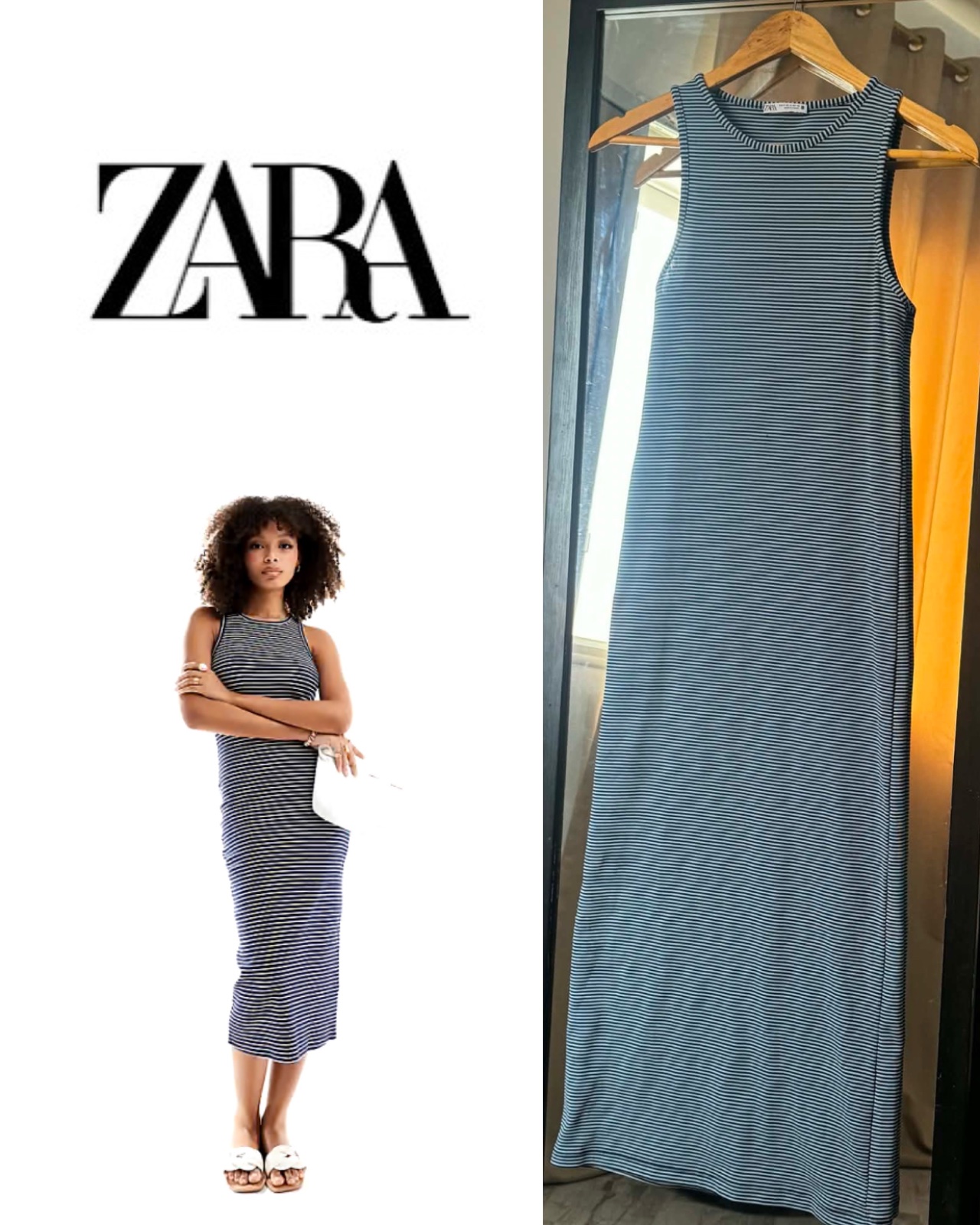 Zara - Robe côtelée longue à encolure nageur - Bleu à rayures