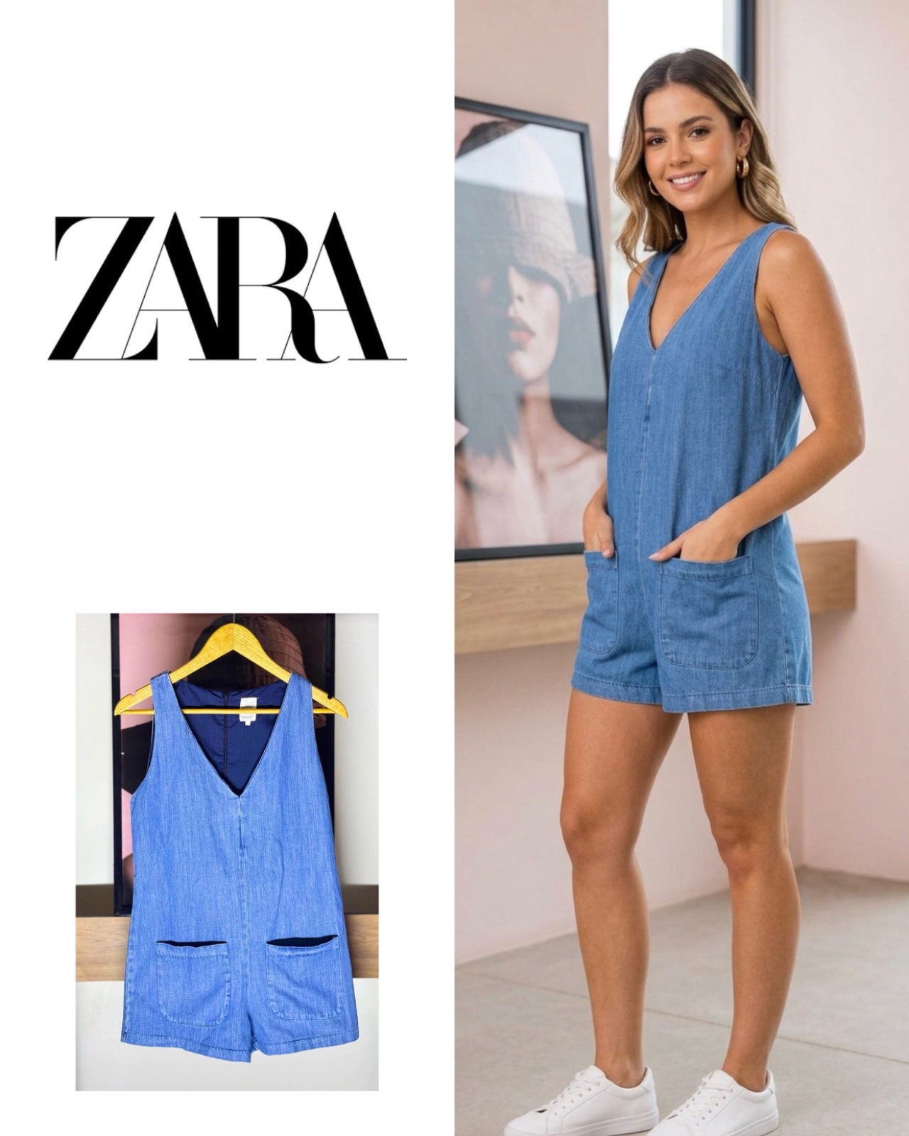 Combinaison salopette courte en jean délavé Zara