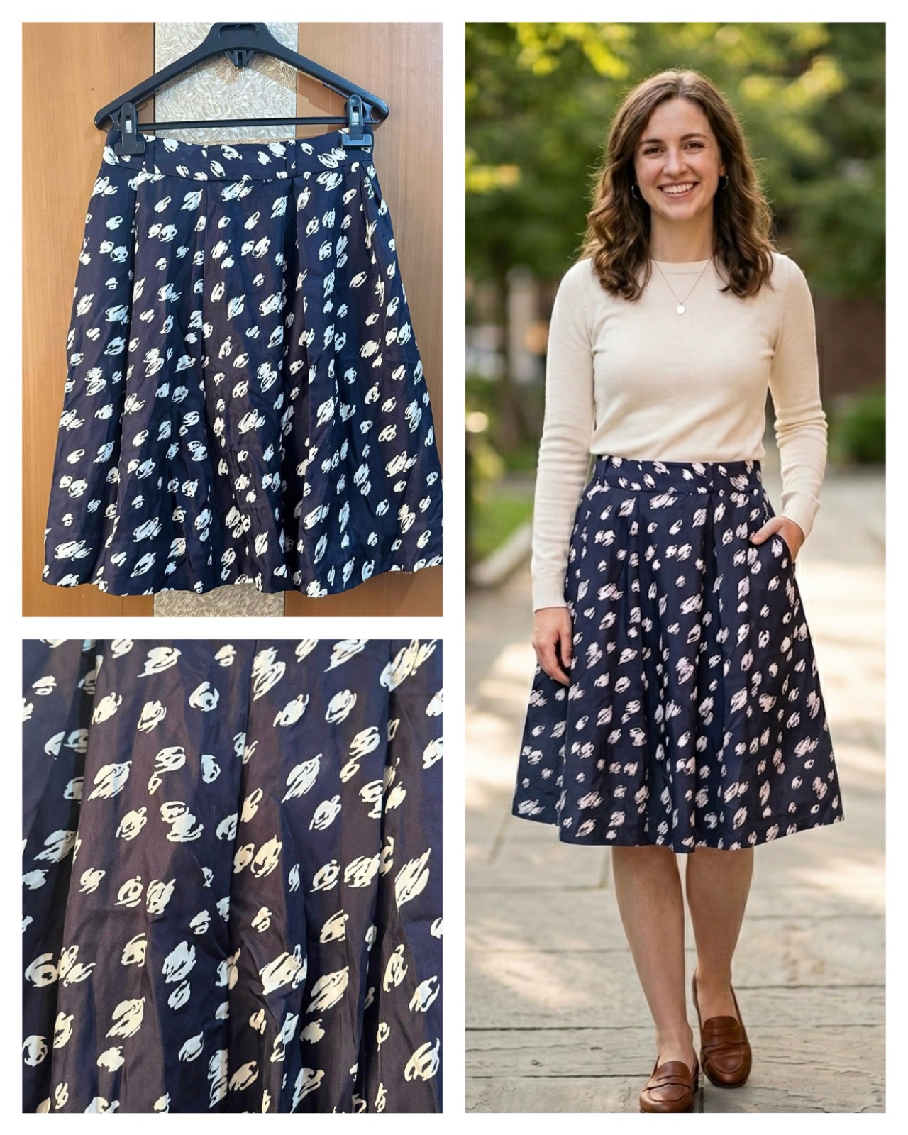 Jupe plissée en soie Kate Spade, longueur genou-mi-cuisse, bleu marine à pois blancs
