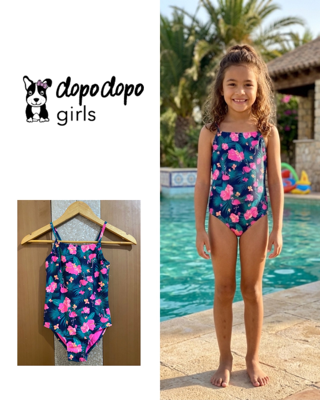 Dopo dopo girls Kids Swim One Piece - Blue and Pink Flamingo and flower Print