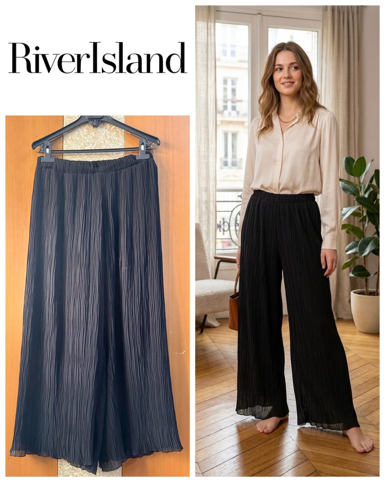 Womens river island Black Pleated Wide Leg Palazzo Pants Size S