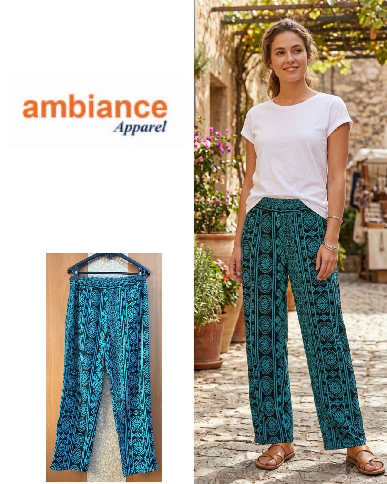 Ambiance Apparel SzS Aztec Tribal Geometric Boho Blk & Green Relaxed Silky Pants