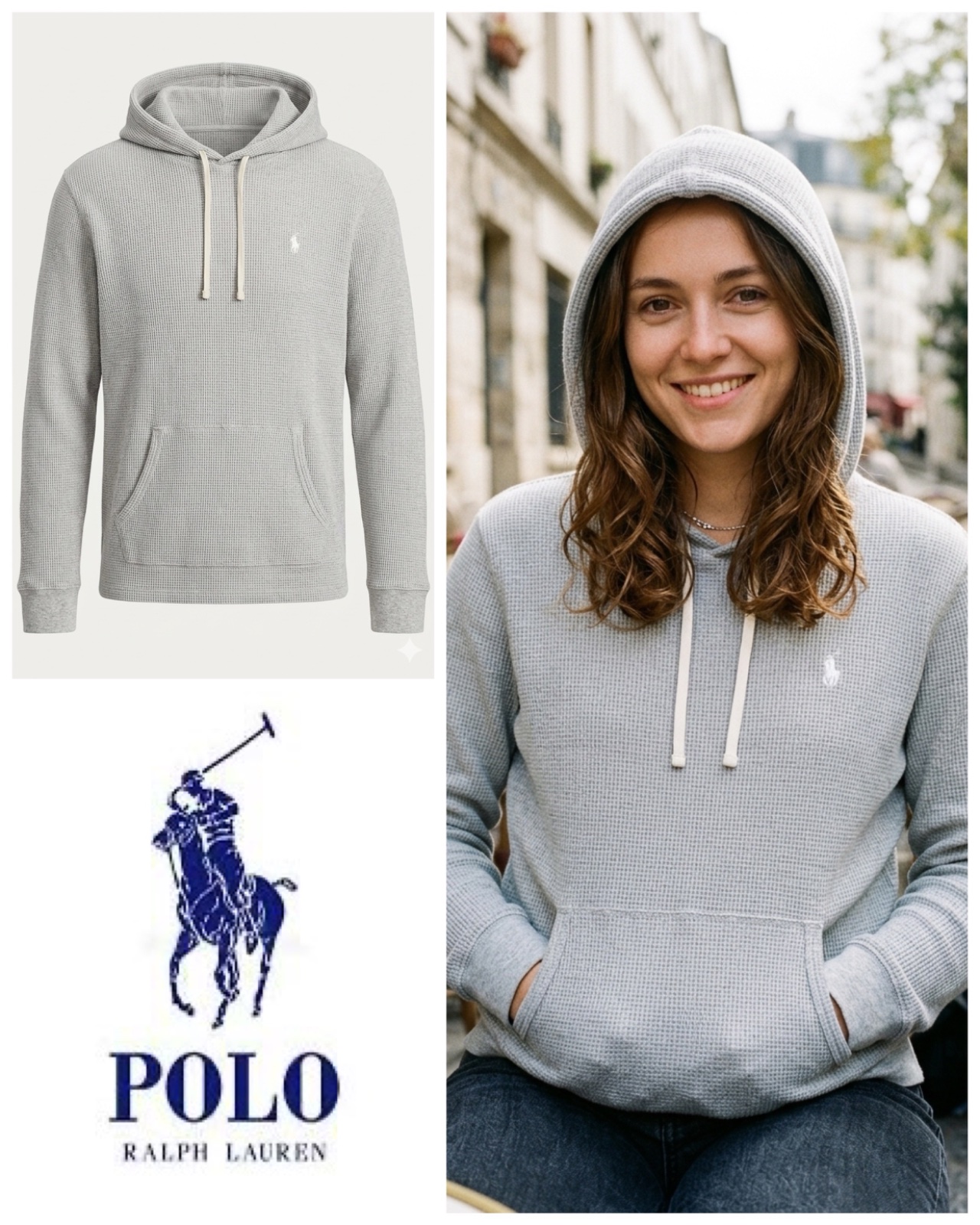 Lauren Ralph Lauren Hoodie Women Size L Gray Waffle Knit Sweater Tie Neck Pony