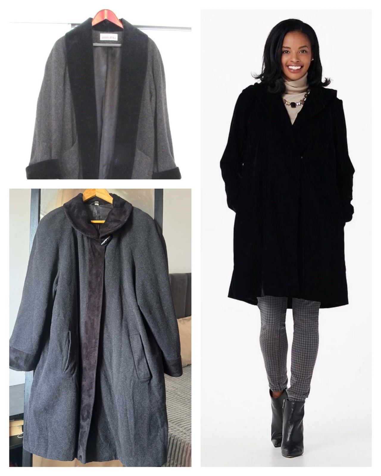 Vintage manteau dames L laine noir garniture de fourrure