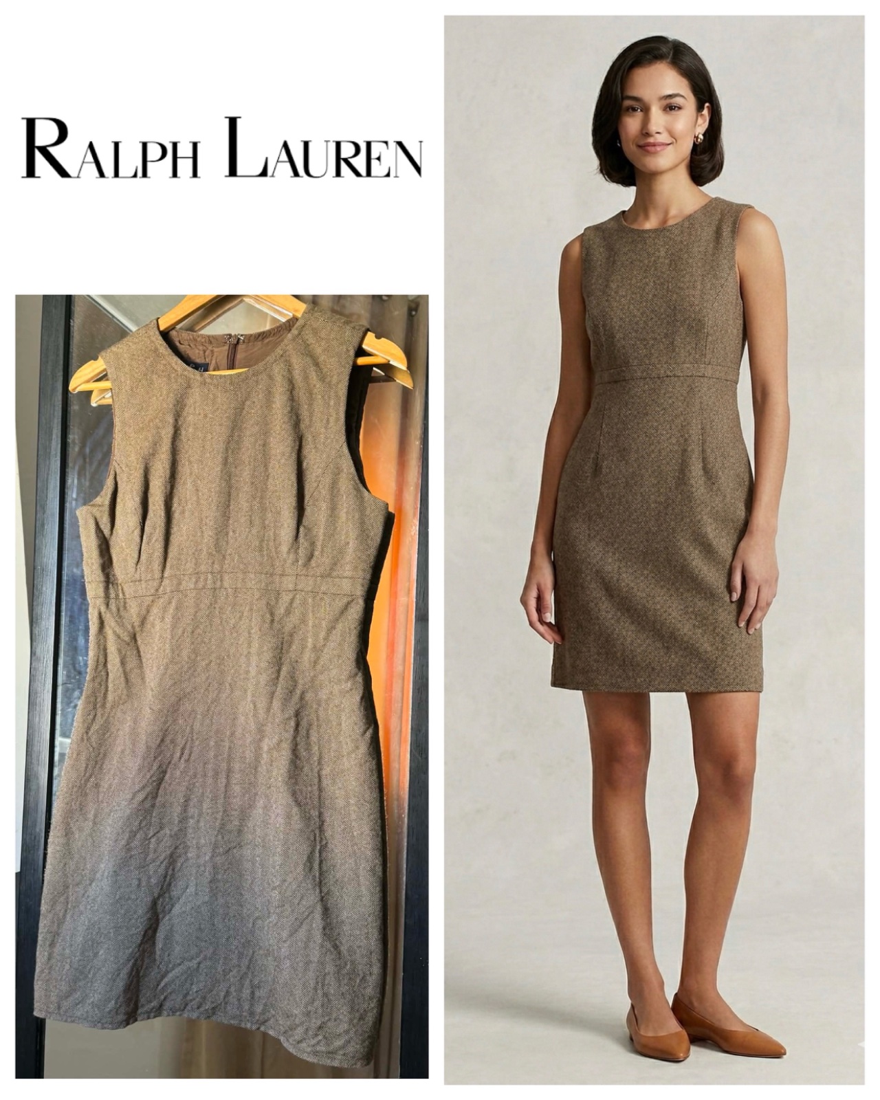 Elegant Ralph Lauren Wool Brown Sleeveless Midi Dress 