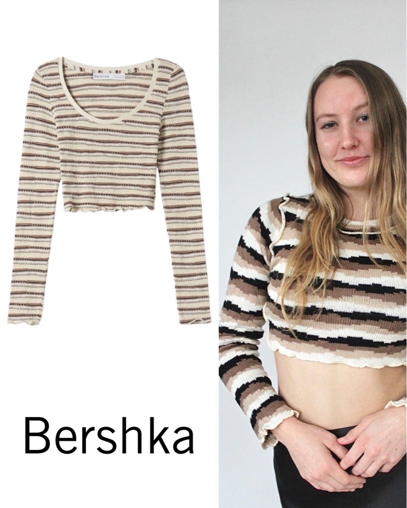 🤎🤎Bershka crop top en maille cotelée à col rond profond rayé beige marron et blanc cassé, taille M 🤎🤎