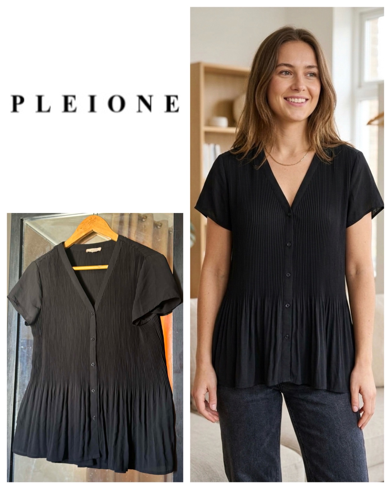 Pleione womens black short sleeve pleated top